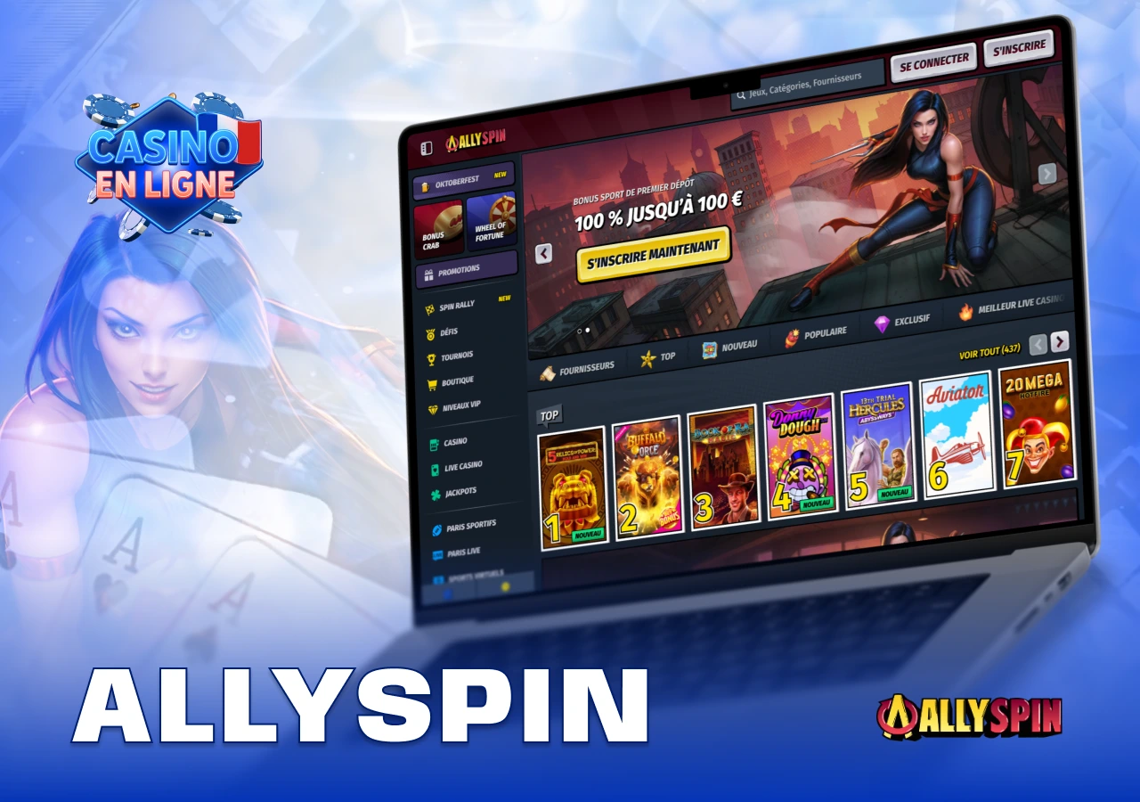 Écran principal d’AllySpin avec menus de jeux et bonus affichés