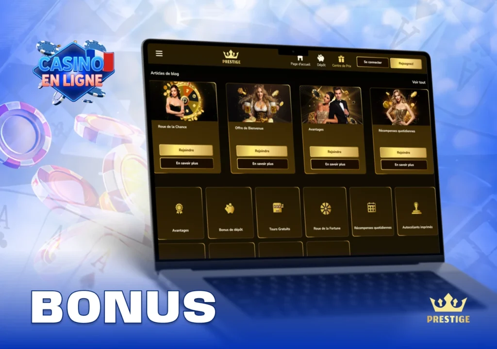 Vue d’ensemble des bonus disponibles incluant offres de dépôt, tours gratuits et promotions hebdomadaires