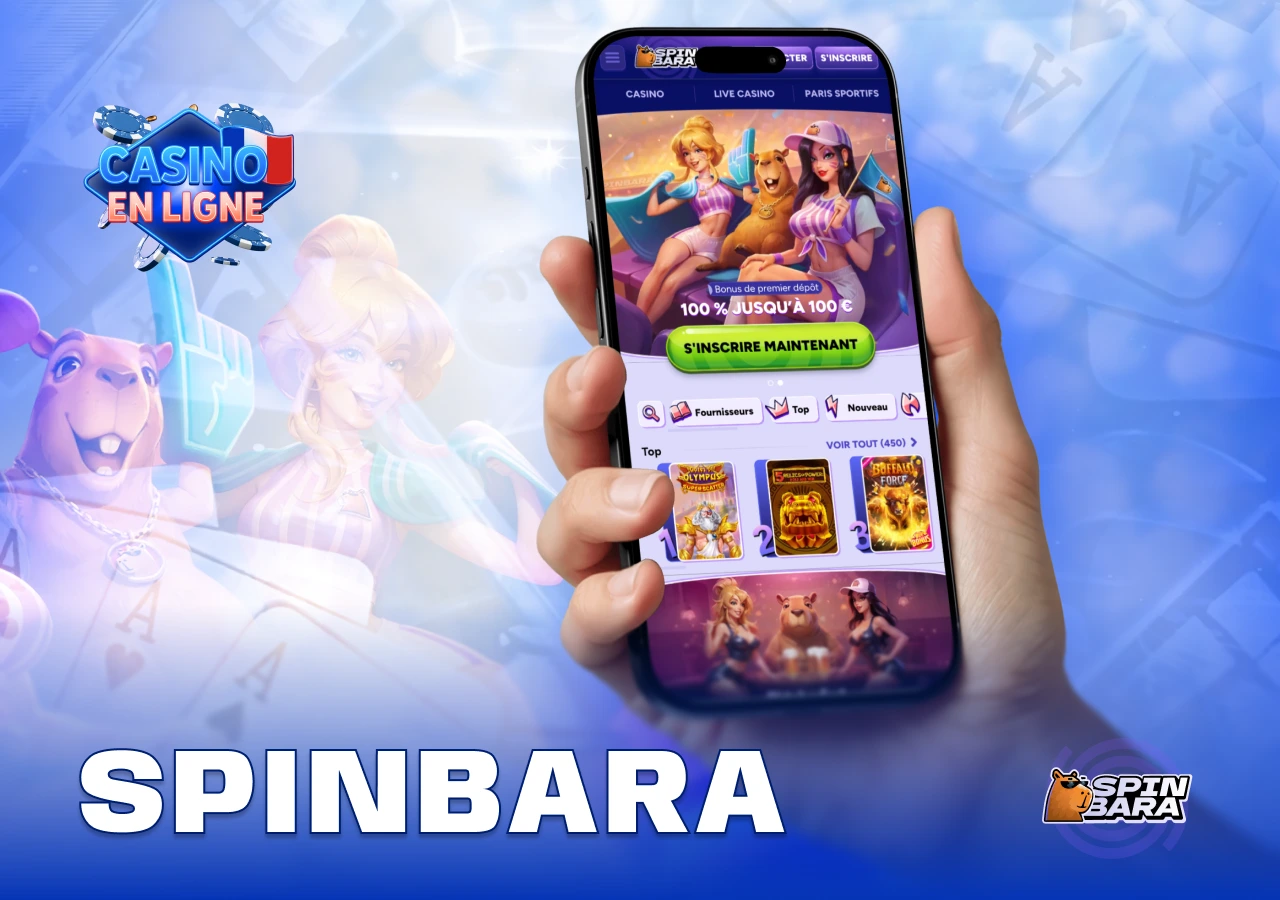 Aperçu du lobby de Spinbara présentant machines à sous et promotions