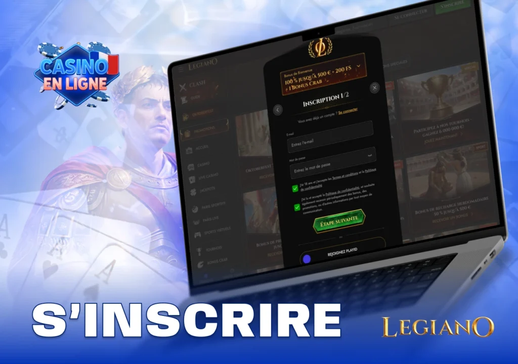 Formulaire d’inscription sur un site de casino avec champ de bonus visible