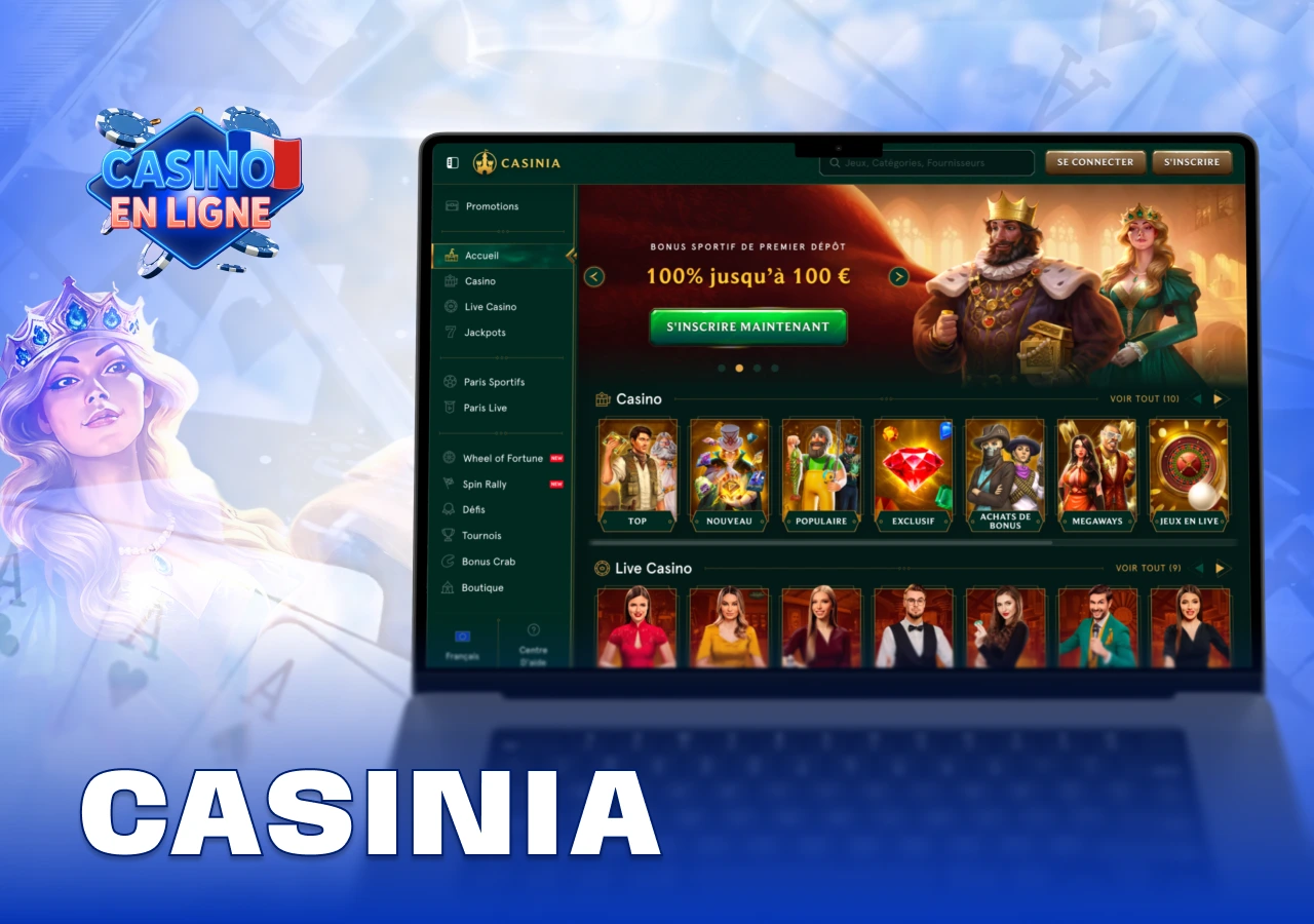 Vue générale de Casinia avec sections casino en direct et bonus