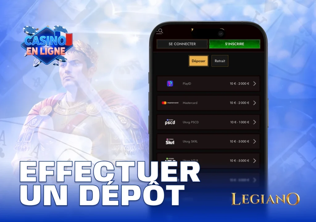 Interface de dépôt sur un casino en ligne avec plusieurs méthodes de paiement