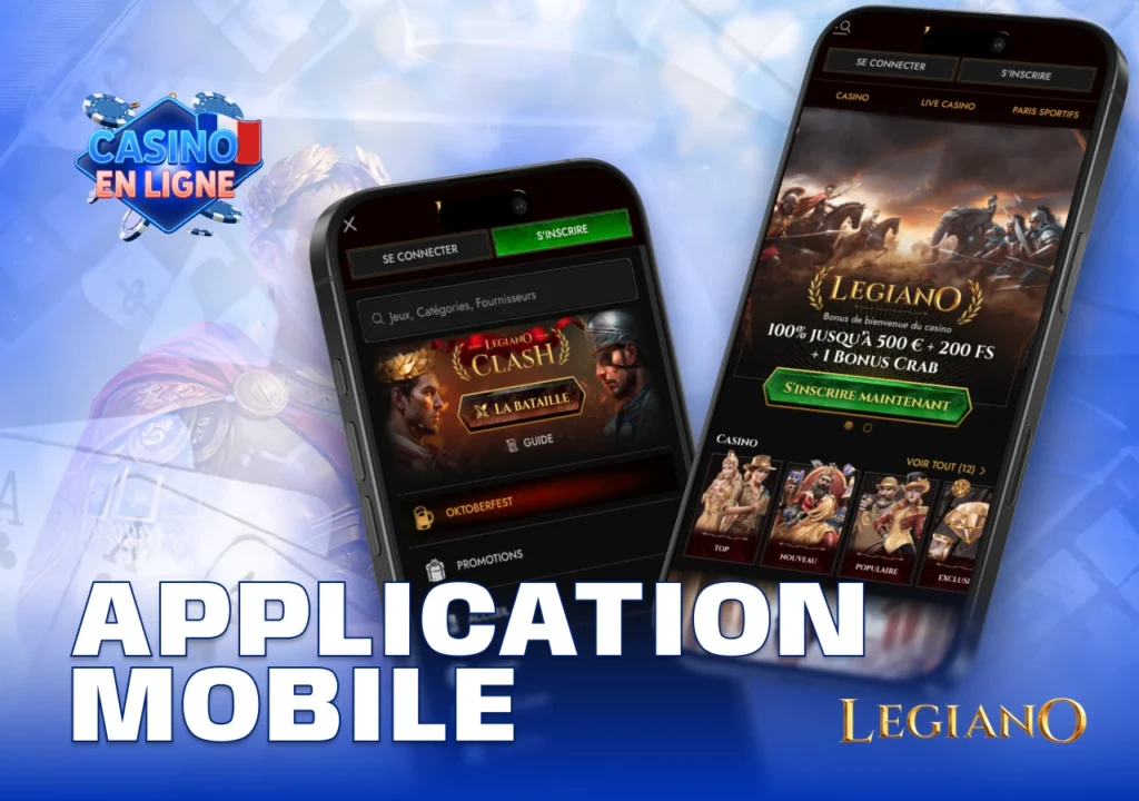Application mobile Legiano affichée sur smartphone avec jeux et bonus
