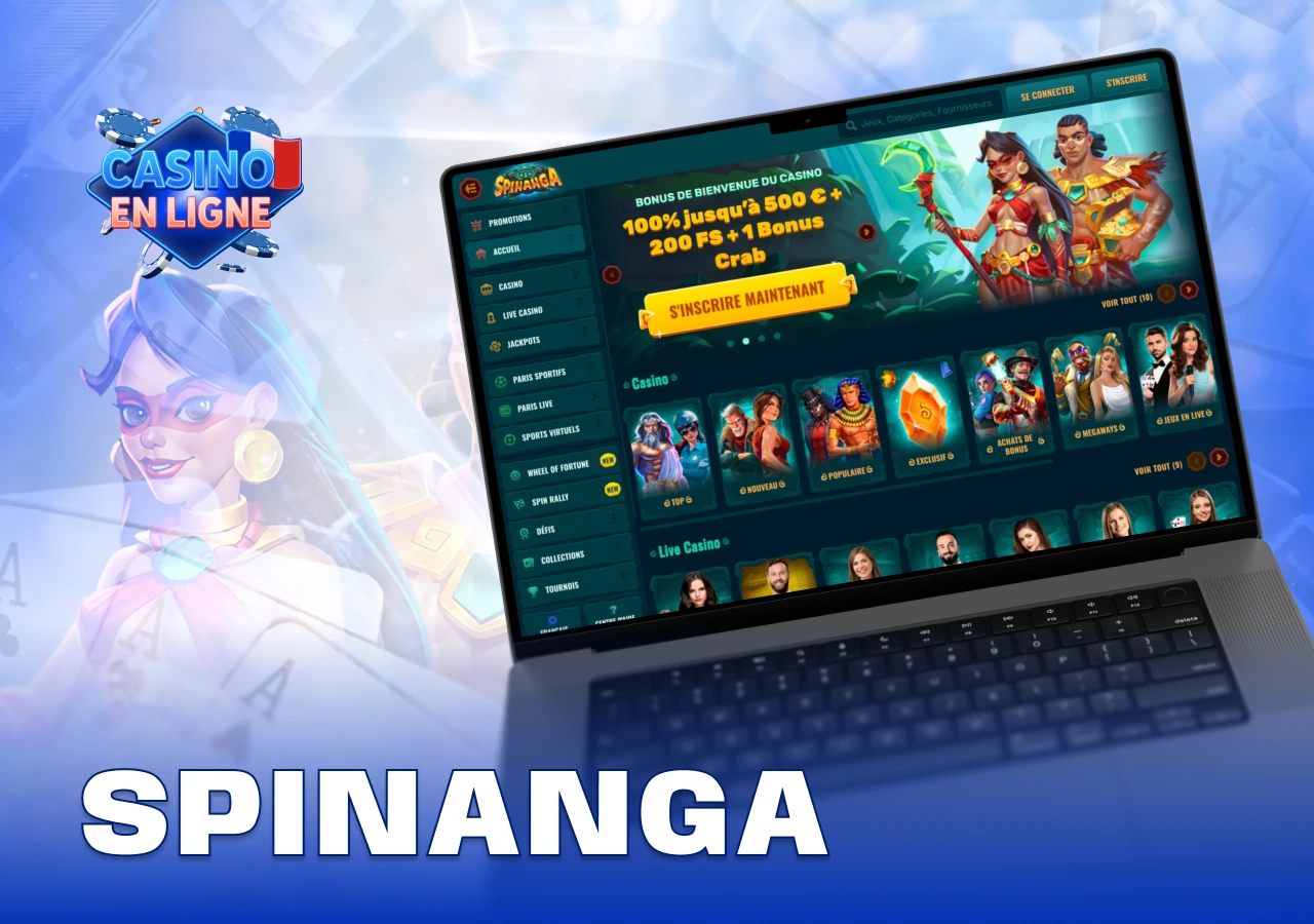 Lobby de Spinanga présentant jeux populaires et options de paiement