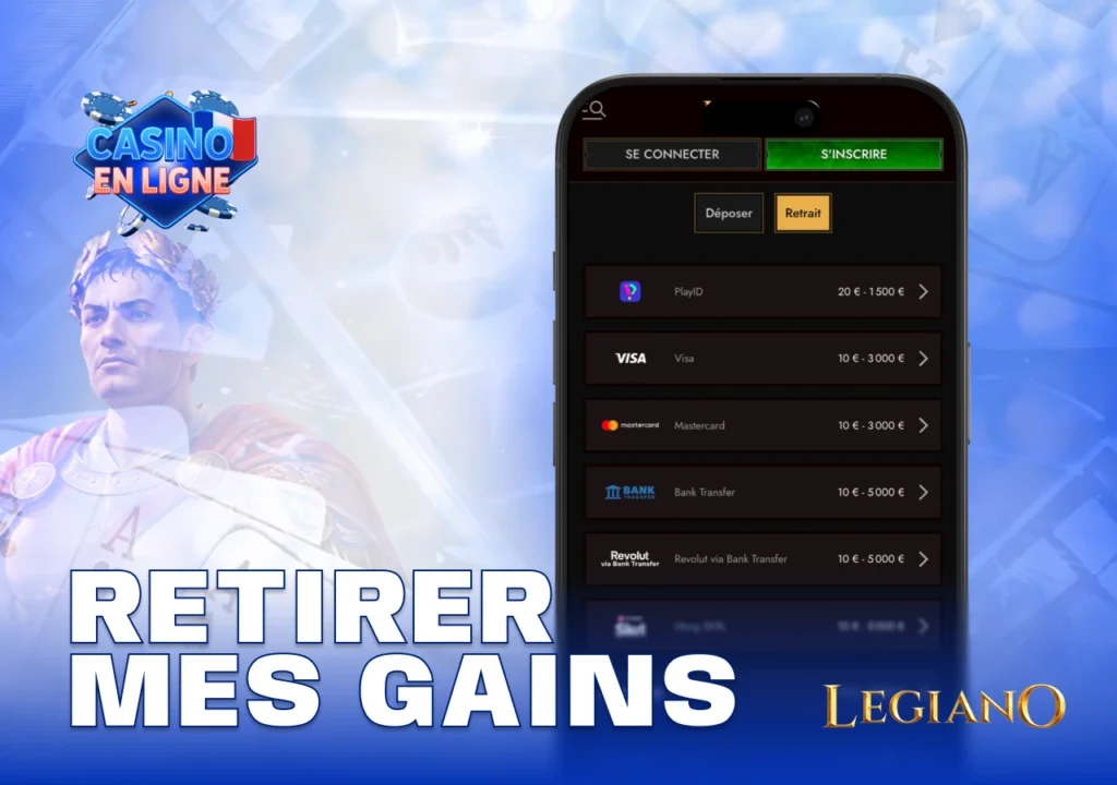Écran de retrait sur un site de casino français avec solde visible