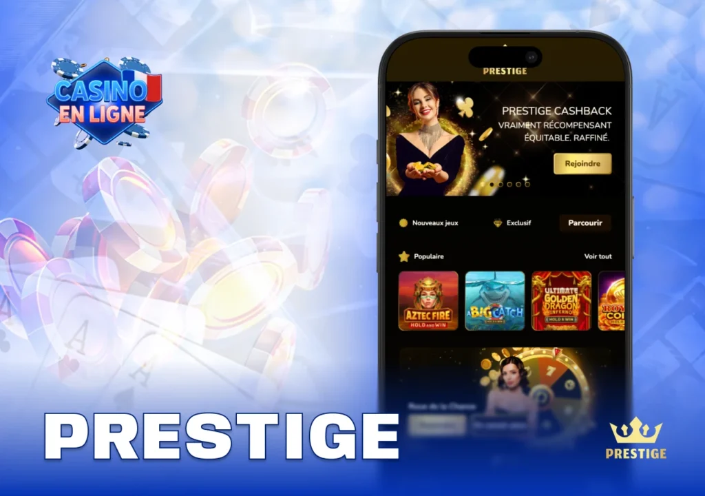Application mobile Prestige Casino proposant bonus exclusifs, design moderne et jeux avec croupiers en direct